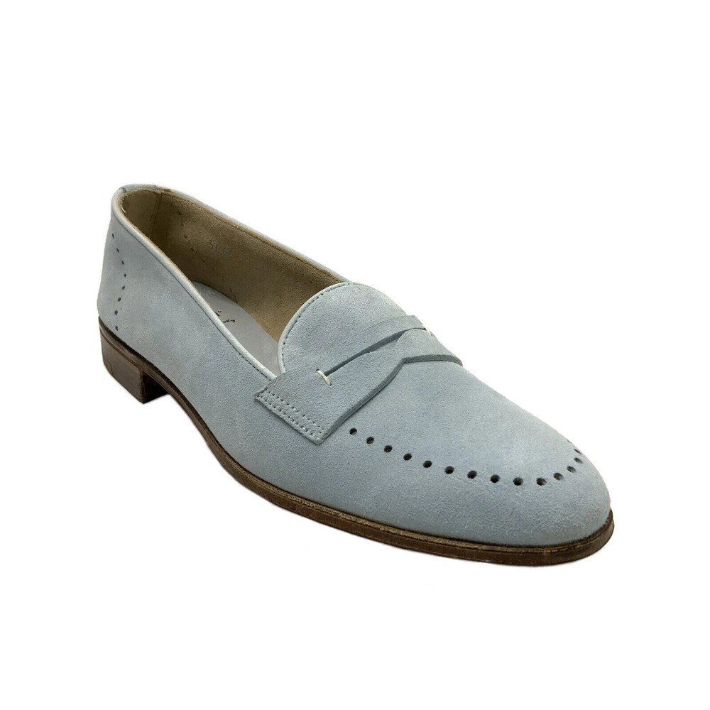 Gravati All Leather Perforated Low Heel Penny Loafers Blue 5.5